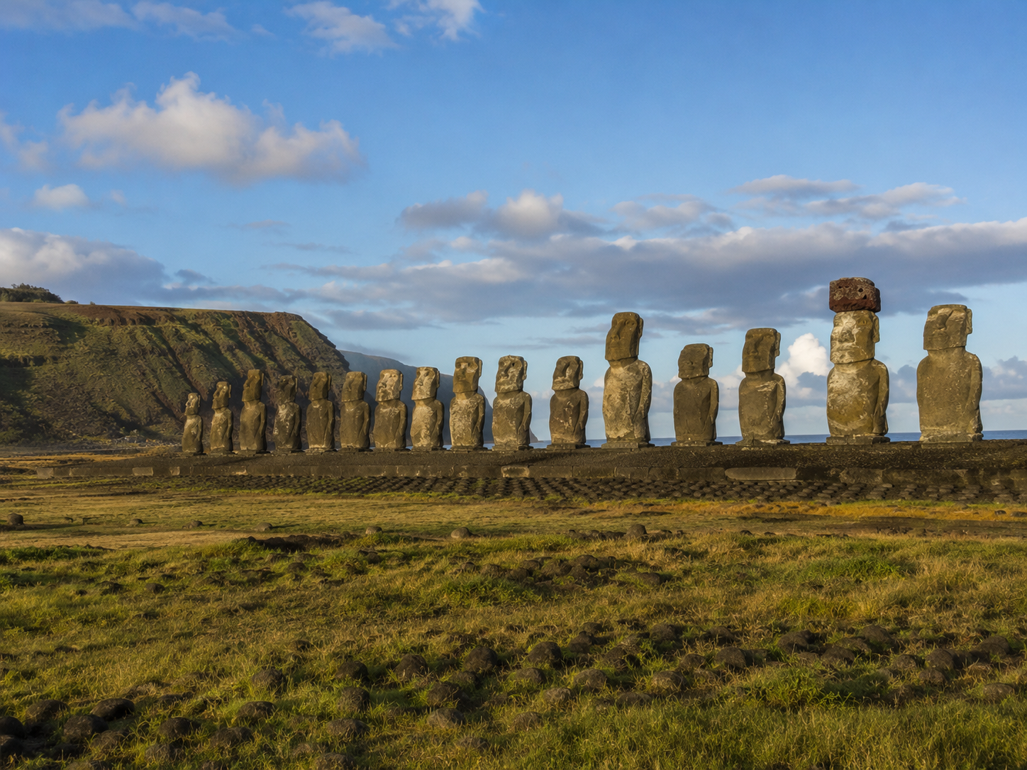 Moai standing on the ceremonial platform of Ahu Tongariki on Rapa Nui.