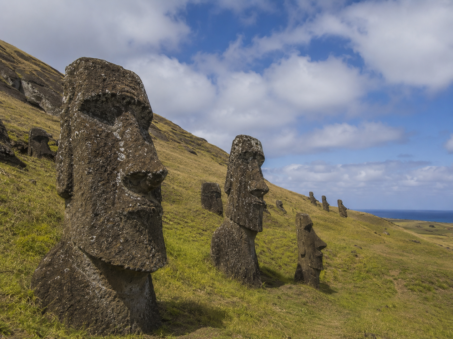 Weathered moai standing among the volcanic slopes of Rano Raraku quarry.