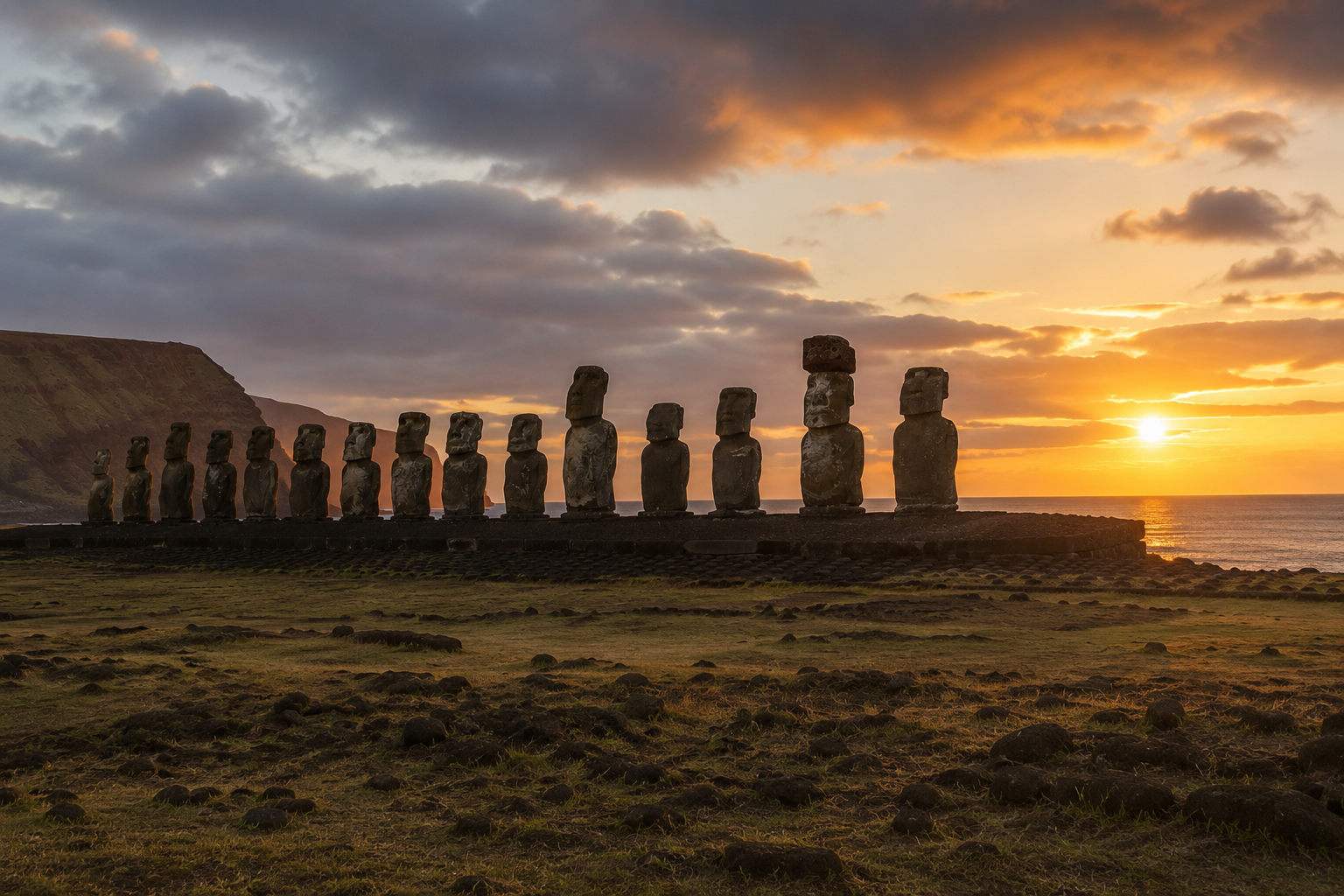 Moai at Ahu Tongariki overlooking the Pacific at sunset on Rapa Nui.