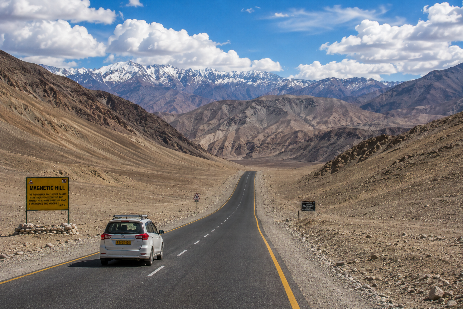 Magnetic Hill road surrounded by Ladakh's slopes that create the illusion of an uphill gradient.
