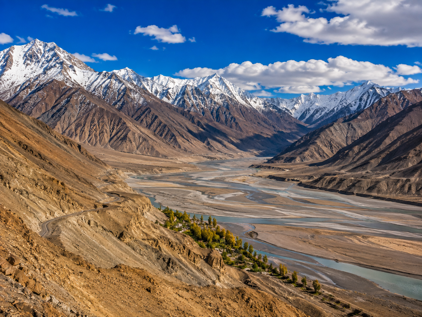 High-altitude desert valley in Ladakh surrounded by barren mountains and snow-capped peaks.