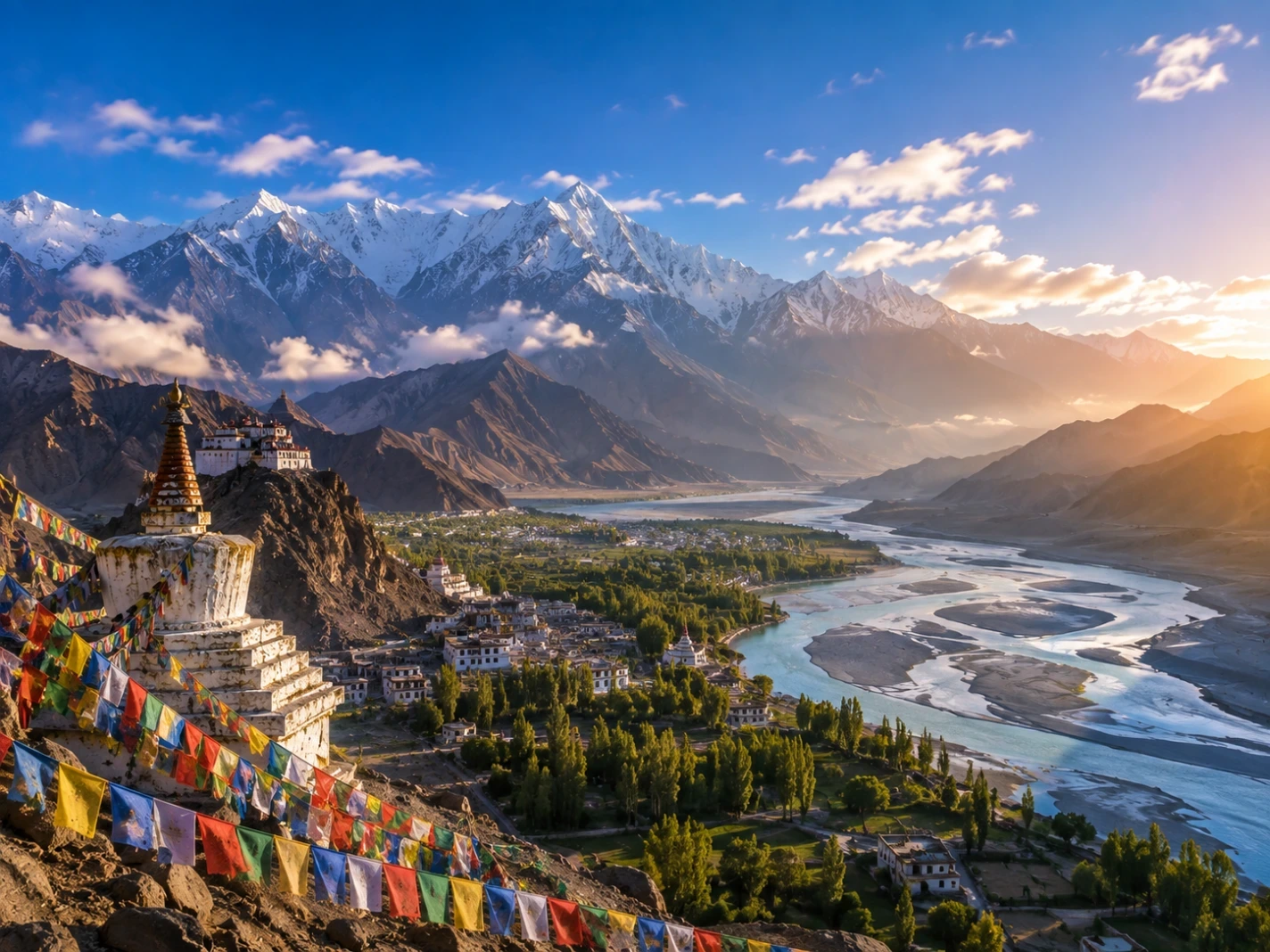 High-altitude Ladakh landscape with snow-capped Himalayan mountains, a winding river, stupa and colorful prayer flags.