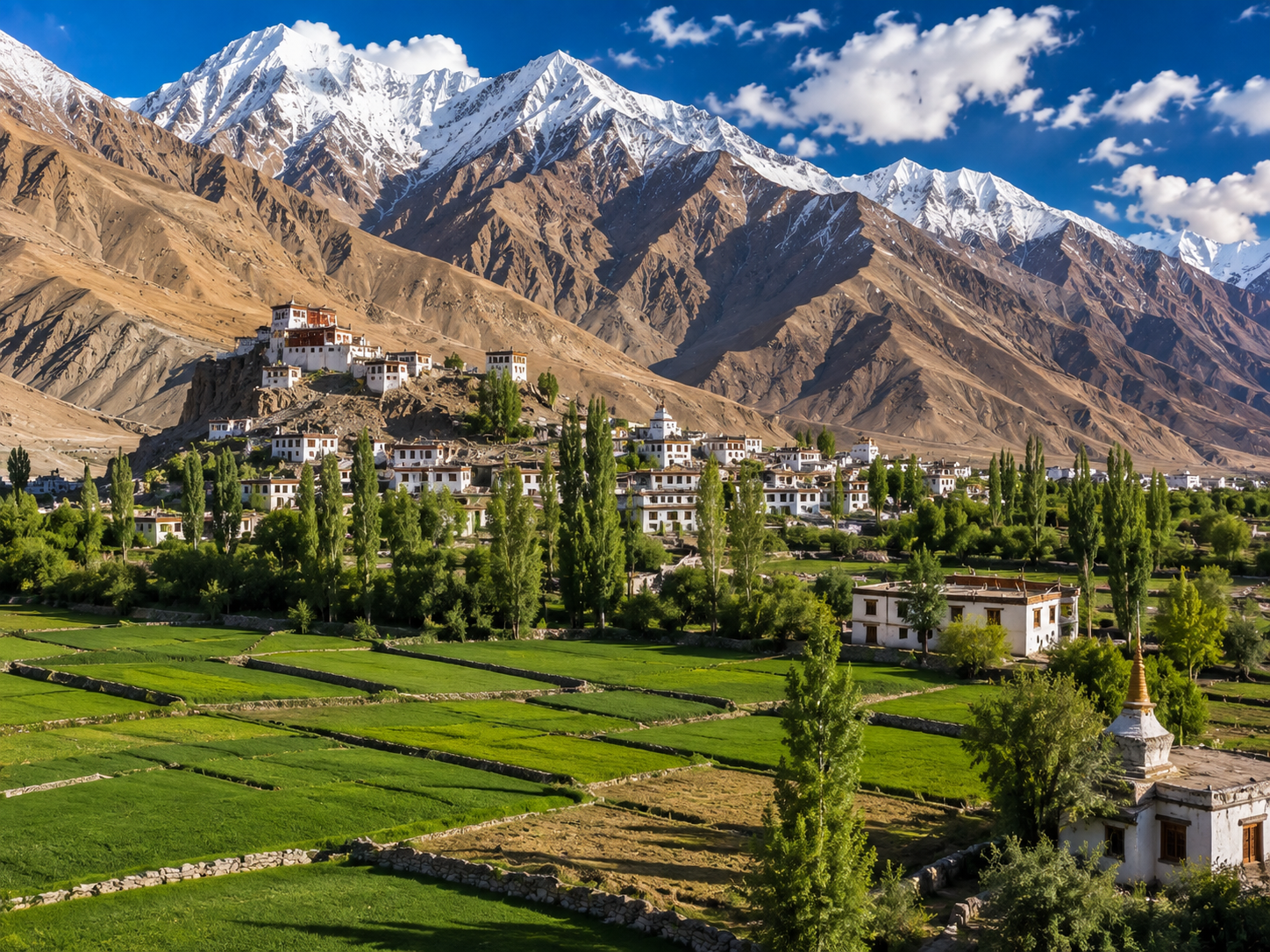 Realistic cinematic travel photography of Ladakh, authentic Himalayan geography, vast dramatic mountains, natural high-altitude atmosphere, crisp clear morning light, realistic colors and textures, strong sense of scale, beautiful natural composition, detailed landscape, visually striking but believable, no fantasy elements, no exaggerated colors, no surreal effects, no artificial-looking scenery, 4:3.