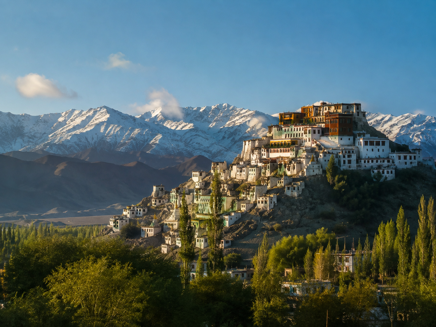 Thiksey Monastery on a hill above the Ladakh valley with snow-capped mountains in morning light.