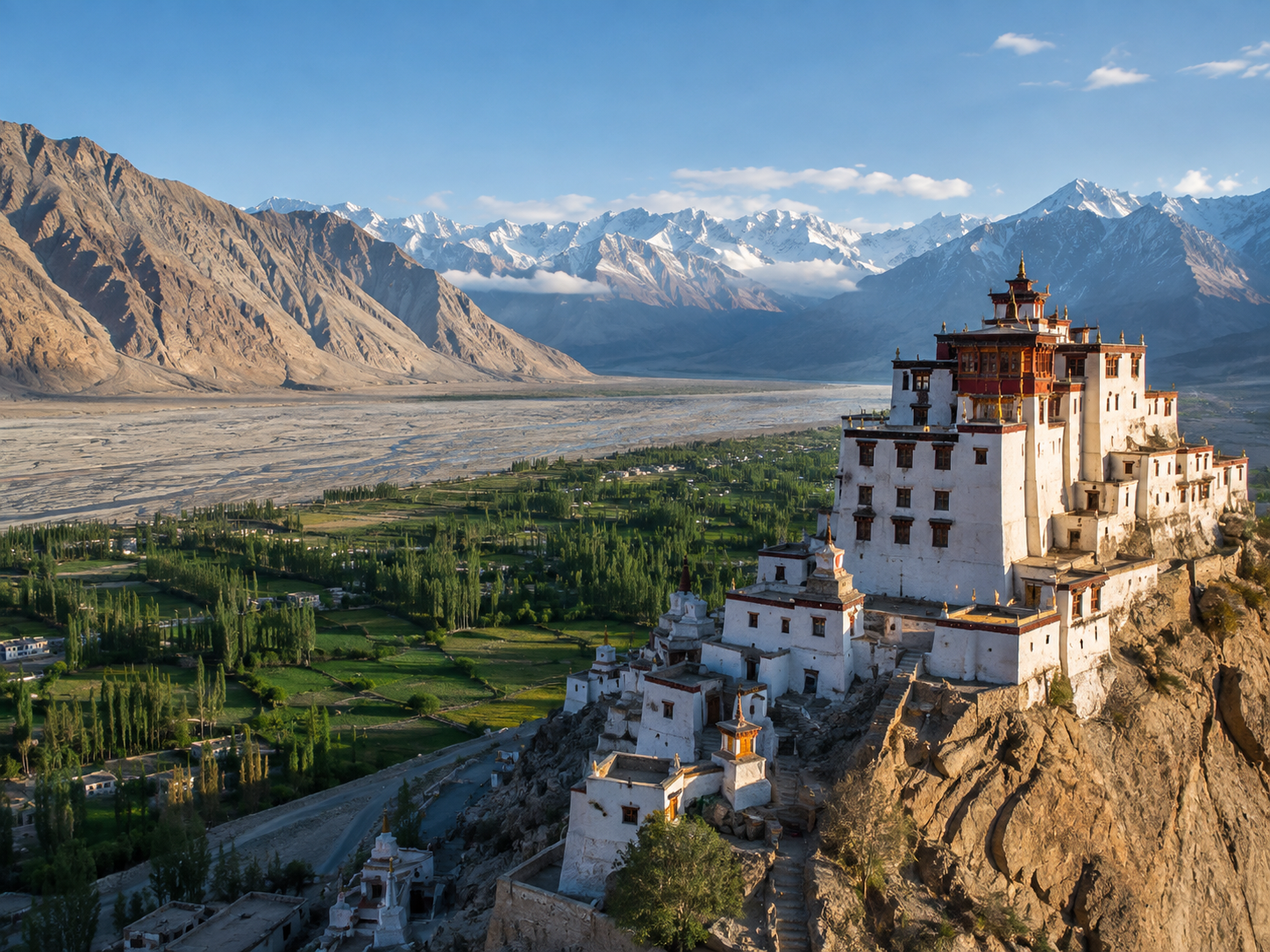 Diskit Monastery overlooking the green Nubra Valley and surrounding barren Himalayan mountains.