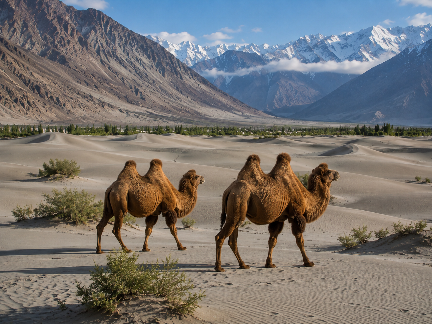 Two-humped Bactrian camels crossing the sand dunes of Hunder with Ladakh mountains behind them.