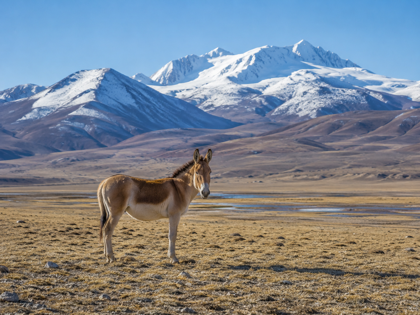 Tibetan wild ass standing on the open Changthang plateau with snow-capped mountains in the distance.