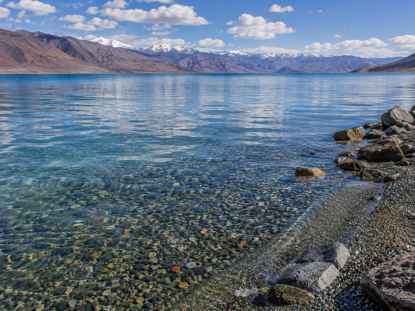 Calm Pangong Tso water reflecting the sky with natural blue and turquoise tones along the Ladakh shoreline.