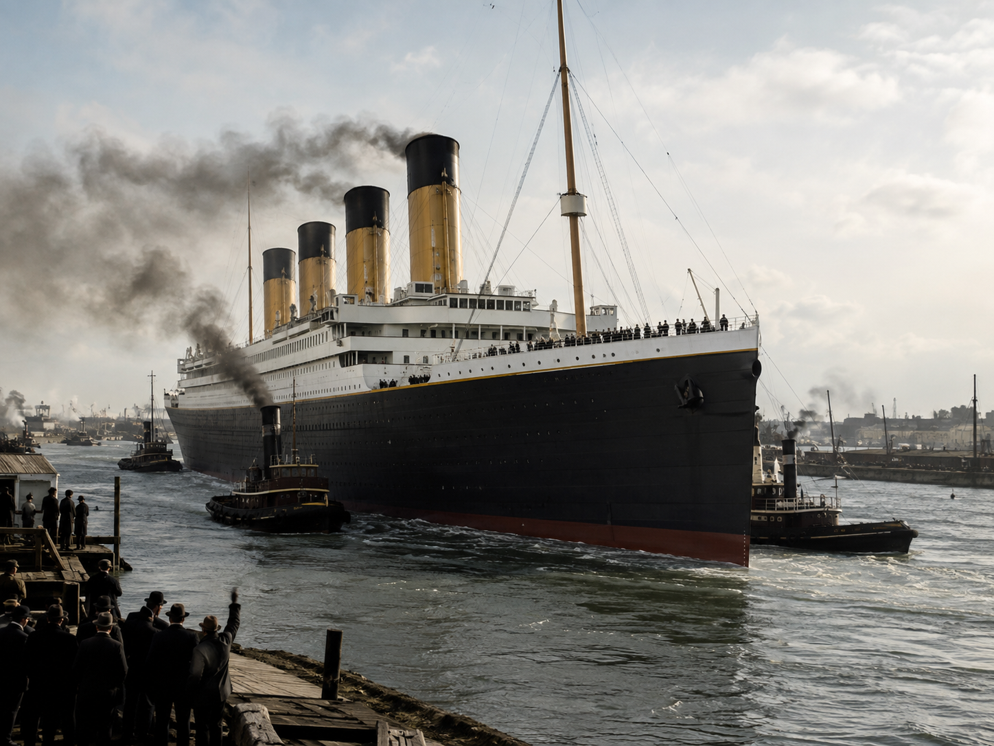 RMS Titanic departing Southampton on April 10, 1912, with crowds gathered along the docks.