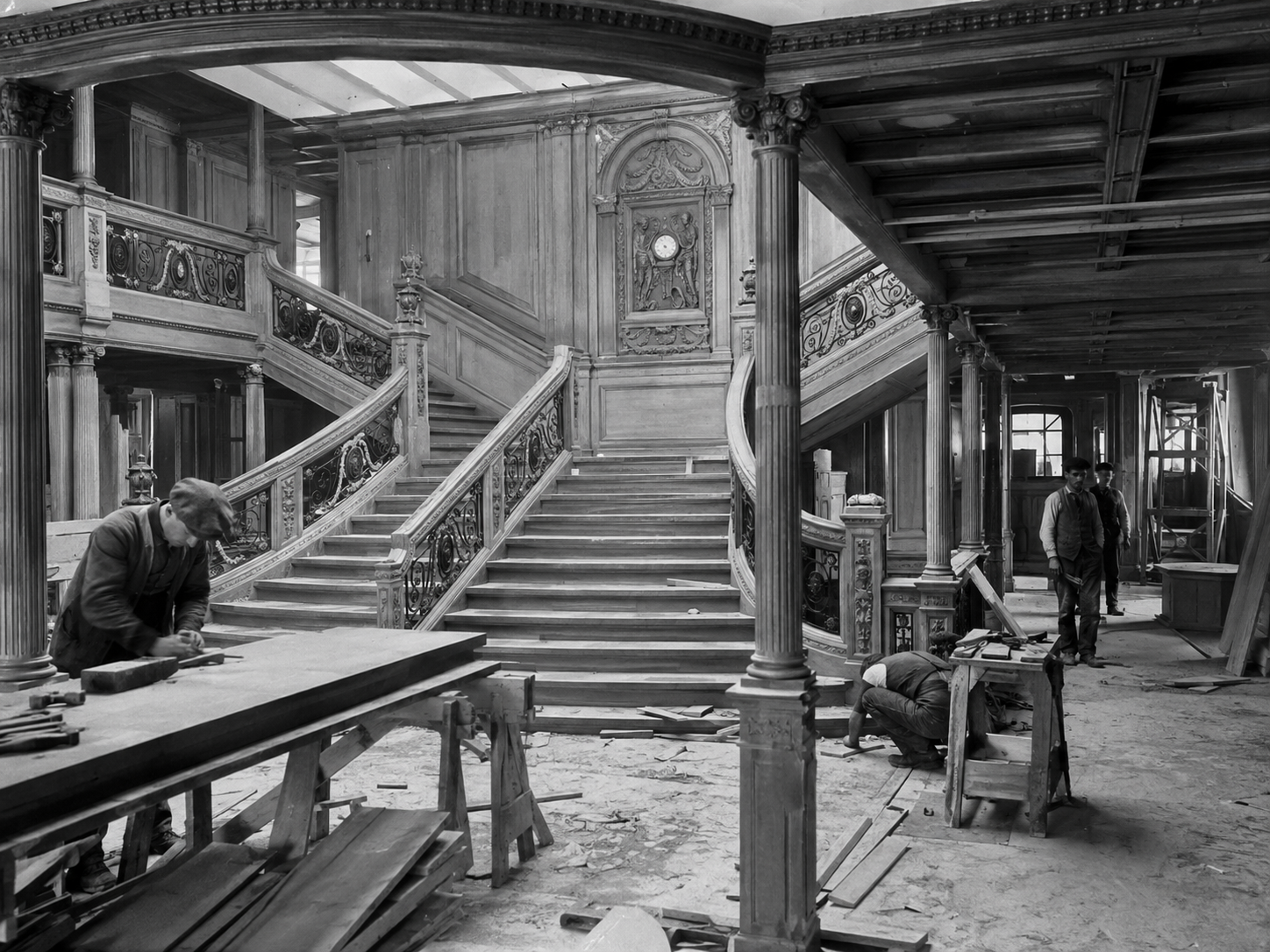Workers fitting out an unfinished interior aboard Titanic before her maiden voyage.