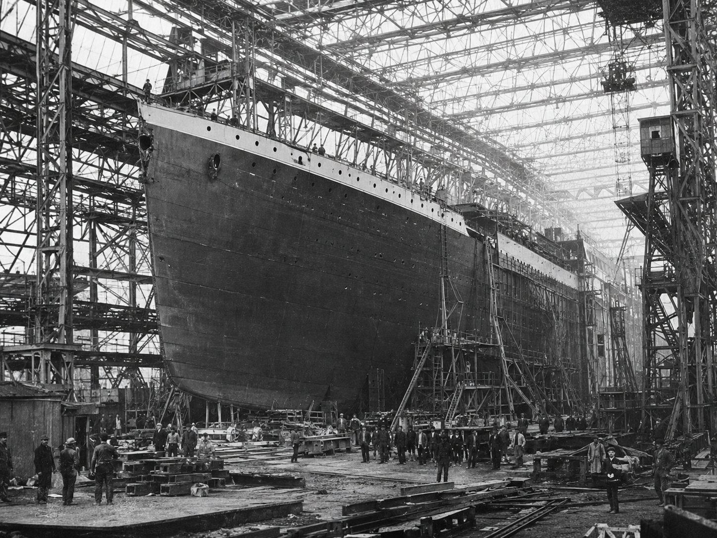 The unfinished Titanic hull surrounded by cranes and scaffolding at Harland & Wolff in Belfast in 1911.