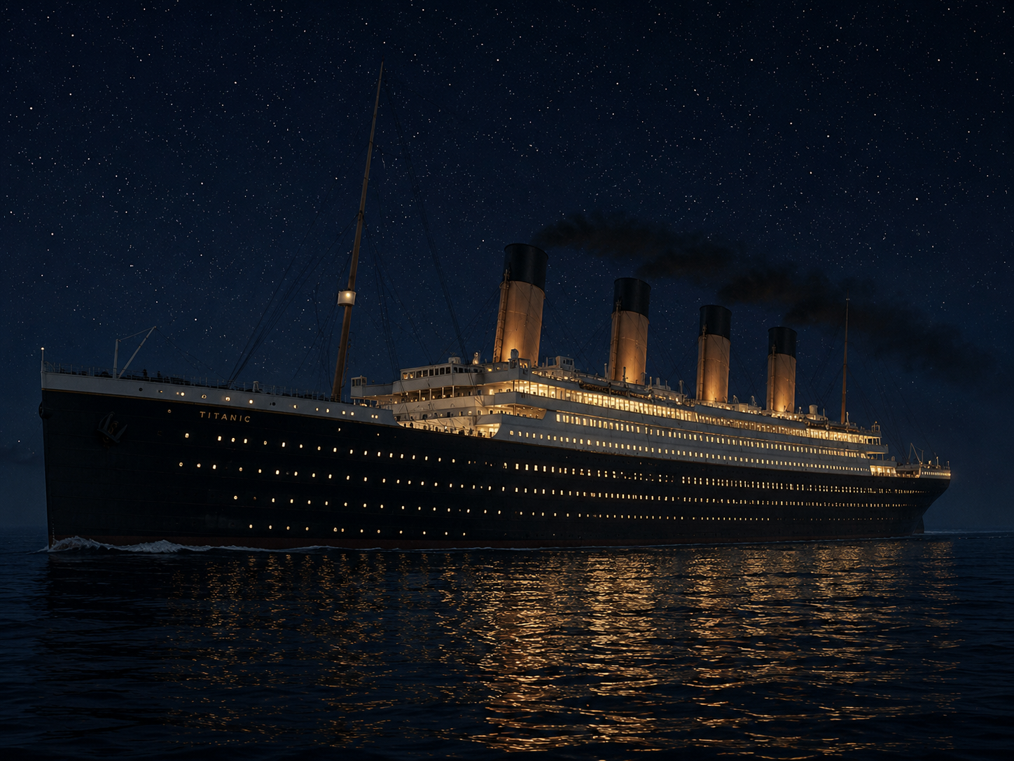 Titanic sailing through a calm North Atlantic night during her maiden voyage.