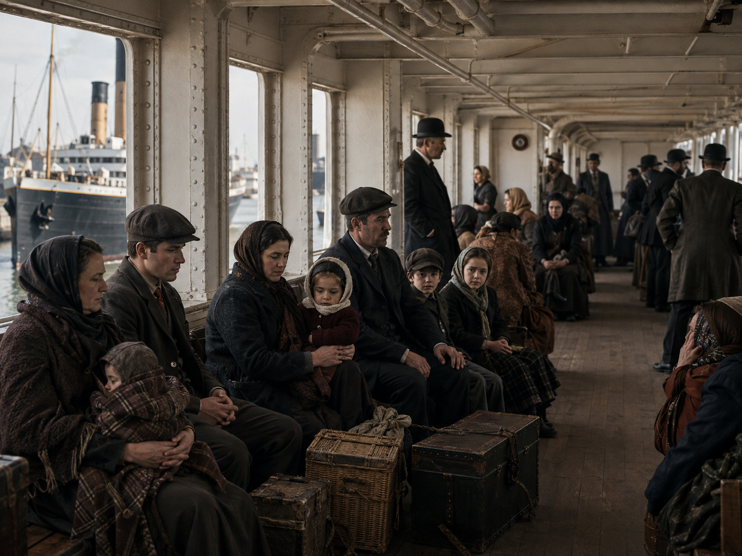 Third-class passengers and families aboard Titanic during the ship's maiden voyage.
