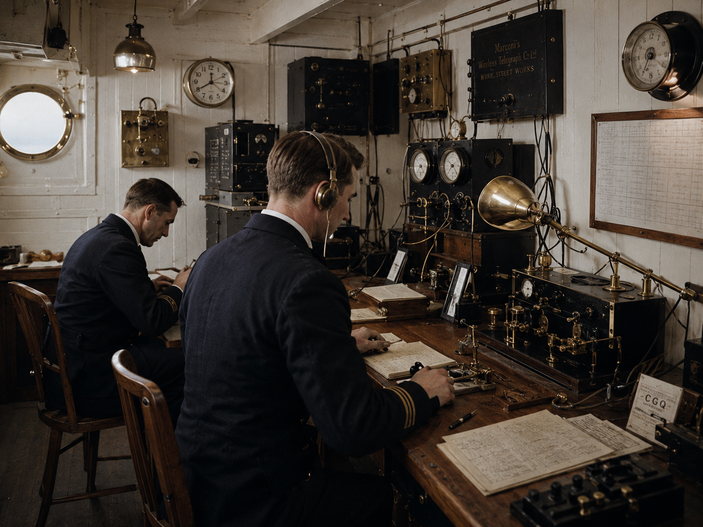Marconi wireless operators working aboard Titanic during the 1912 voyage.