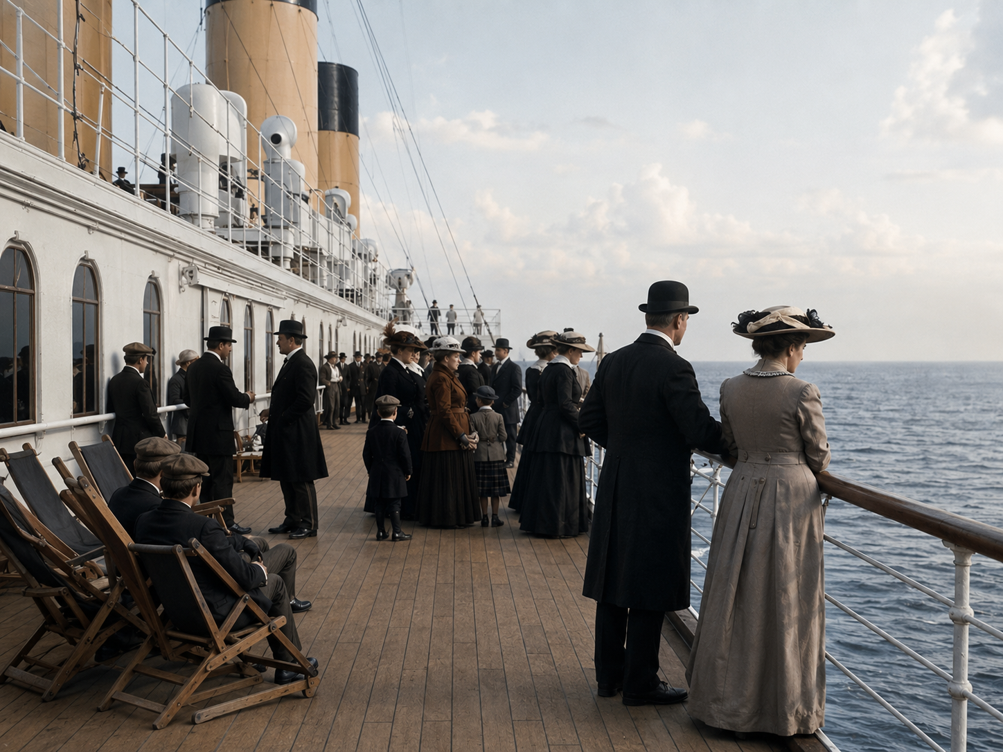 Passengers in Edwardian clothing gathered on Titanic's deck during the maiden voyage.