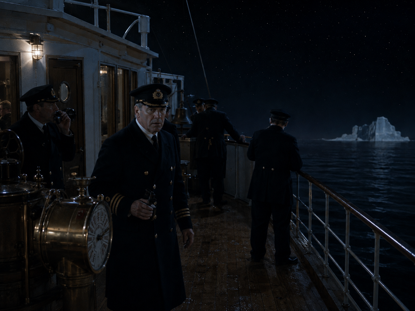 Titanic's officers responding on the bridge immediately after the iceberg collision.