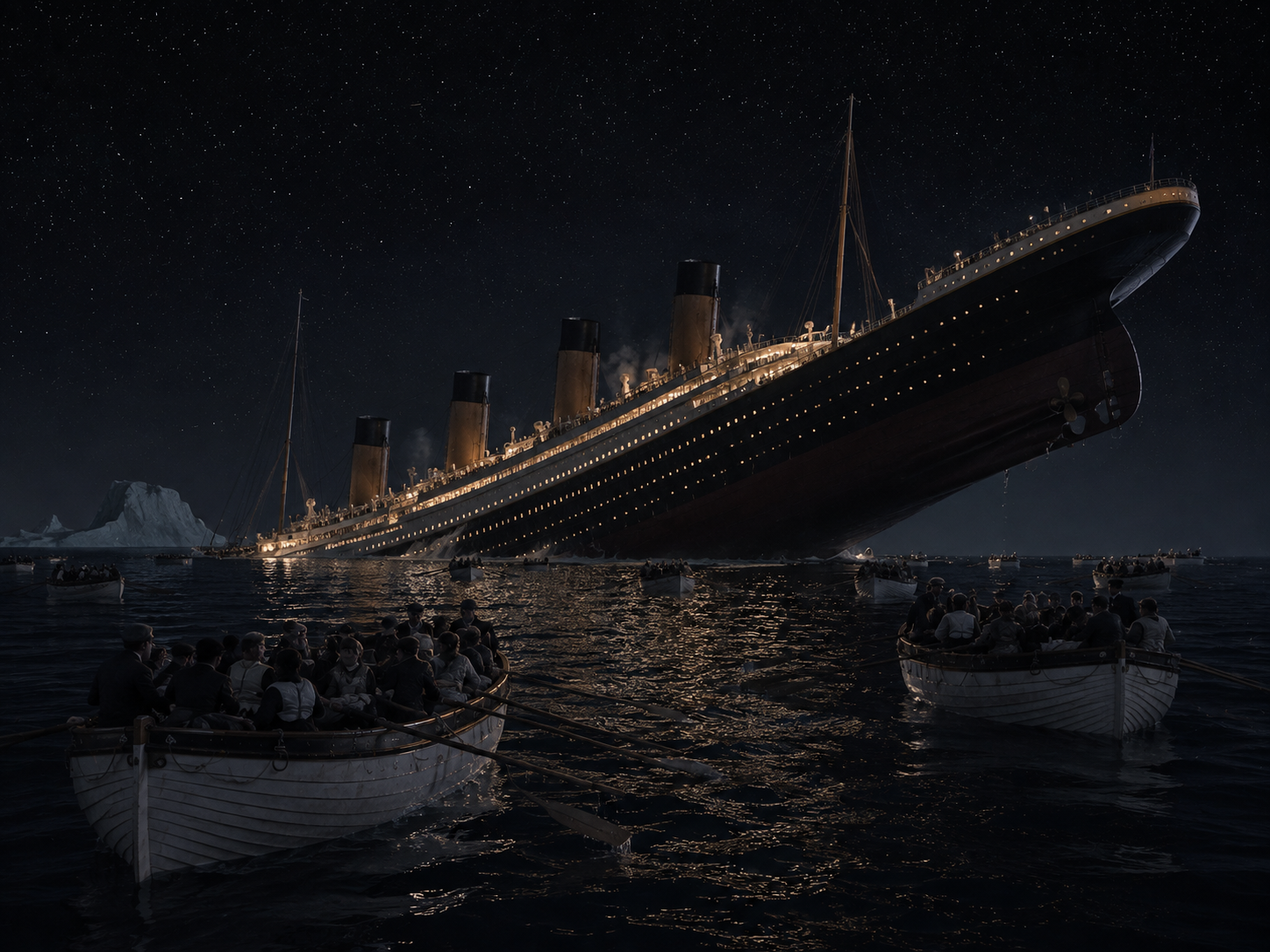 Titanic's stern rising during the final stage of the sinking while lifeboats wait nearby.