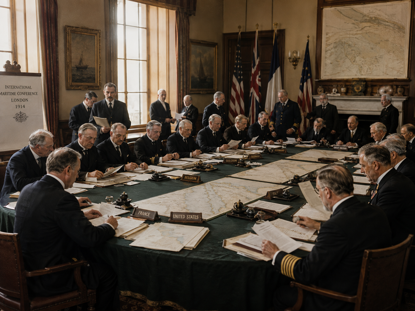Early twentieth-century maritime officials examining safety regulations and navigation documents.