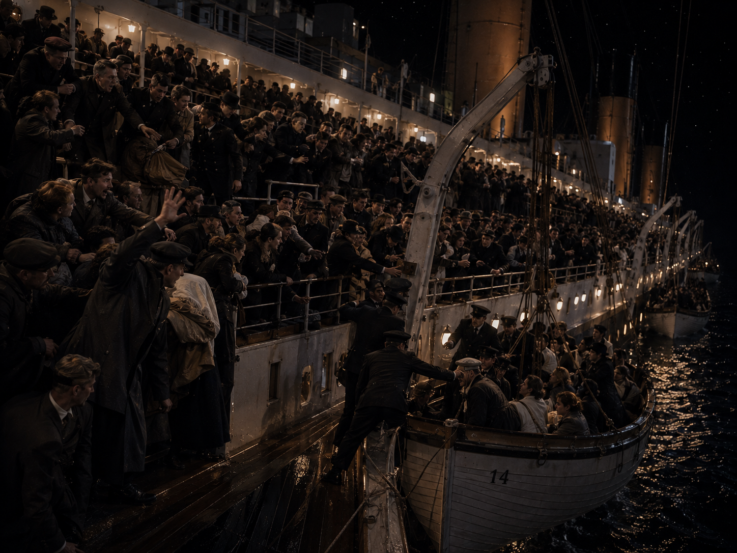 Lifeboats being lowered from Titanic during the evacuation on the night of April 14–15, 1912.