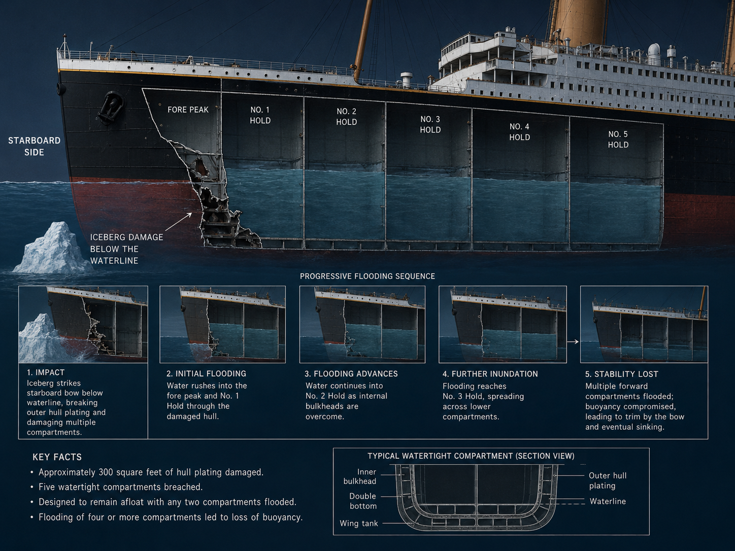 Engineering cutaway showing underwater damage and flooding in Titanic's forward compartments.