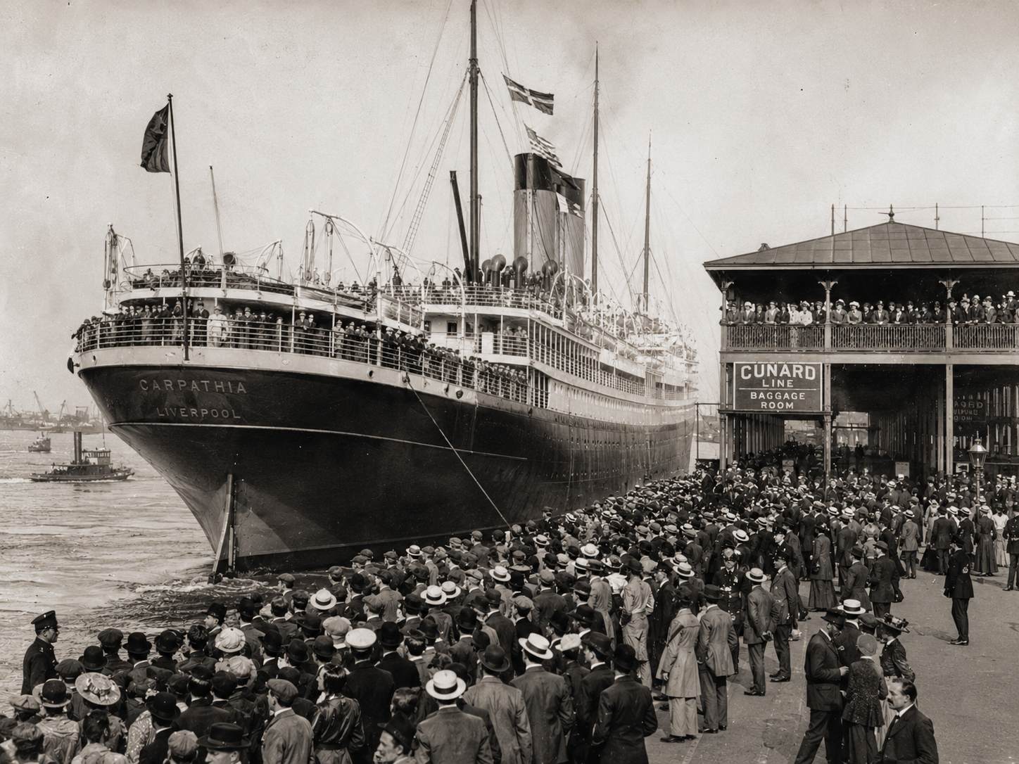 Crowds gathered in New York as Carpathia arrived carrying survivors from Titanic.