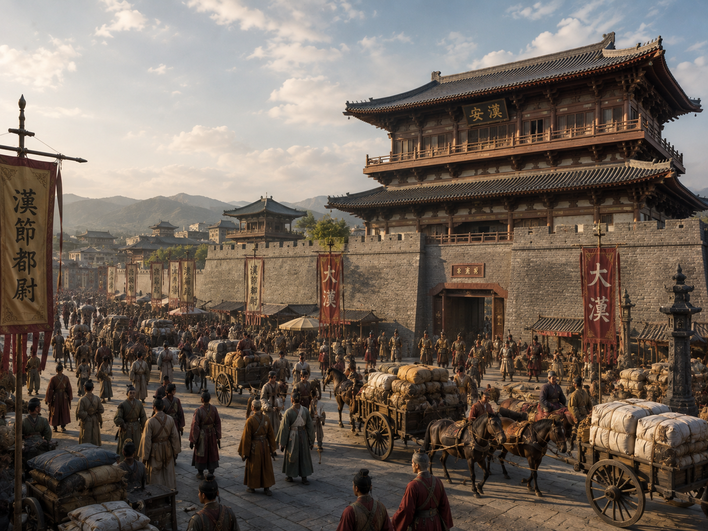 A reconstructed Han Dynasty Chang’an scene with merchants and travelers near a city gate.