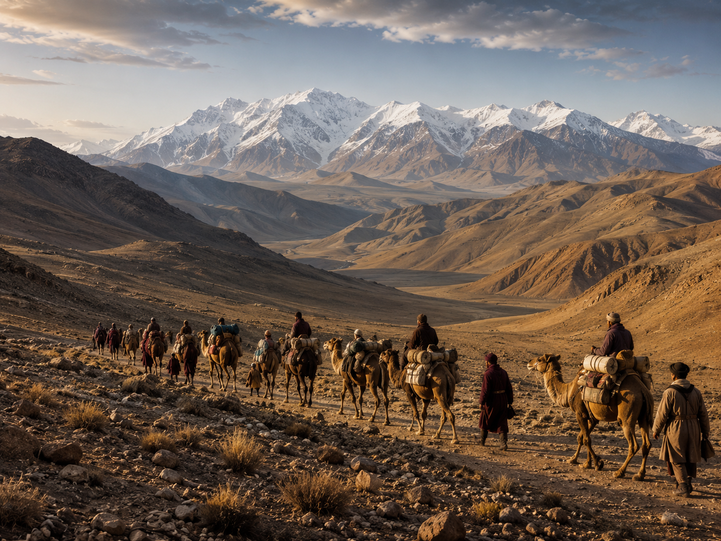 A caravan of merchants and camels crossing a Central Asian landscape along the ancient Silk Roads.