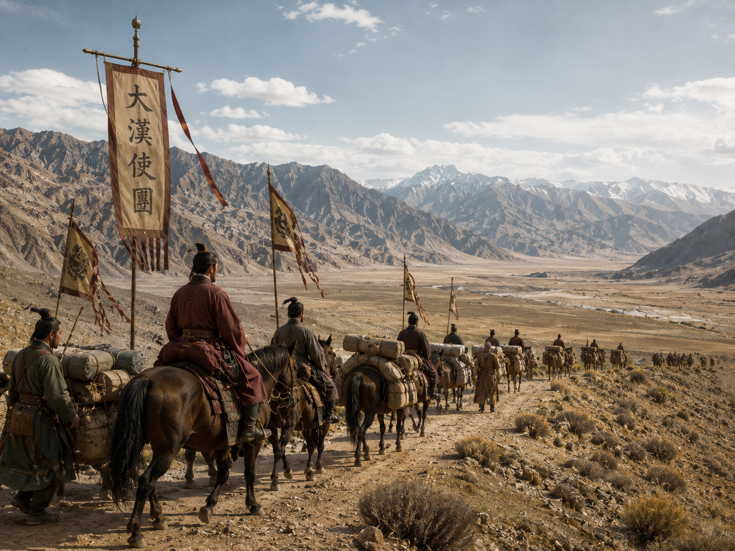 A Han-era diplomatic caravan traveling west toward Central Asia.