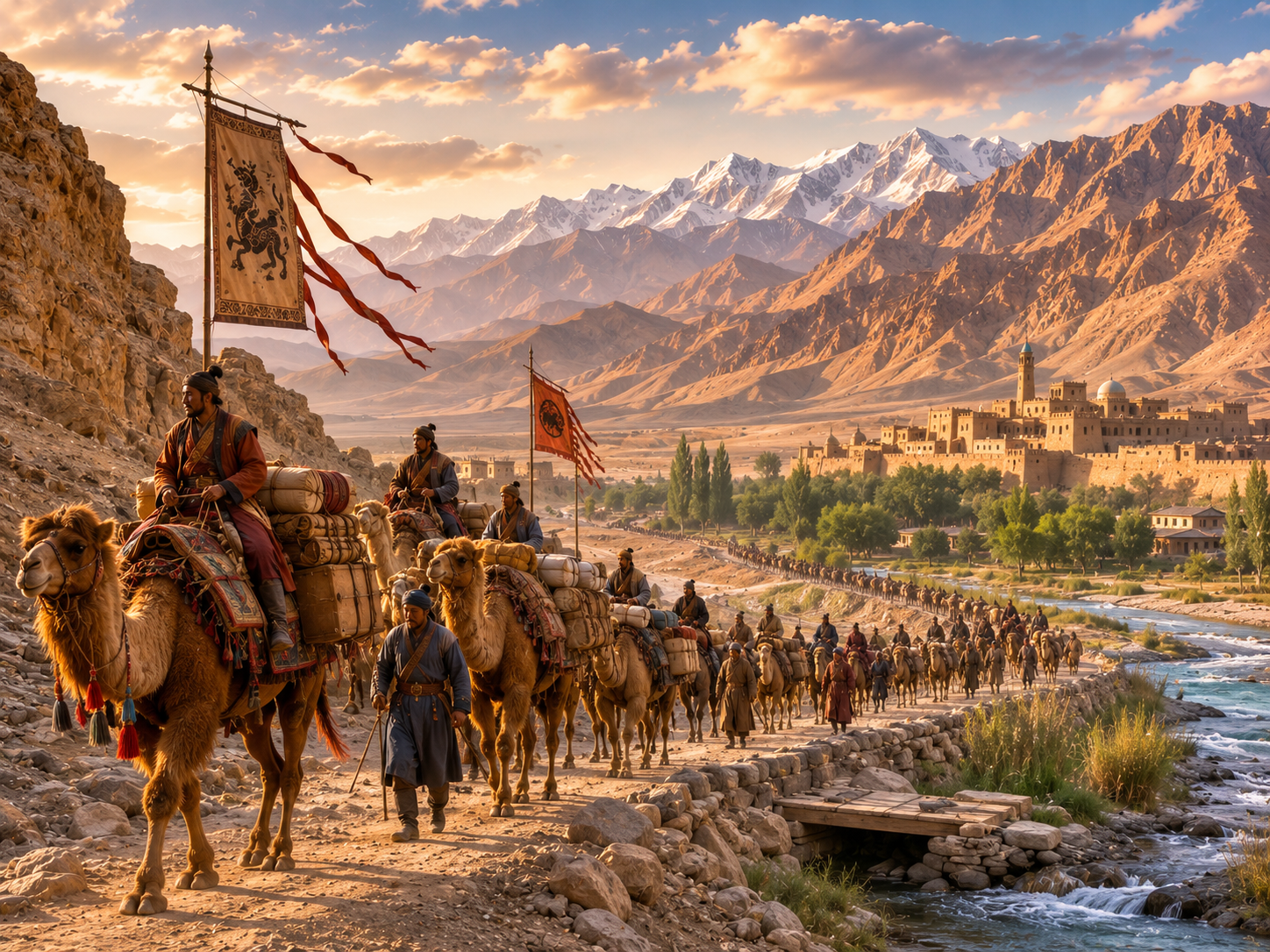 A caravan following an ancient route beside an oasis and mountains in Central Asia.