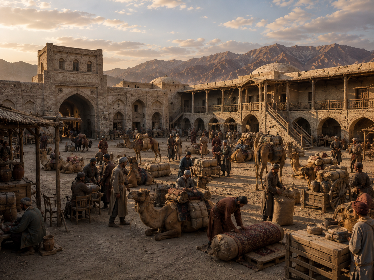 Merchants and camels resting inside an ancient Central Asian caravanserai.