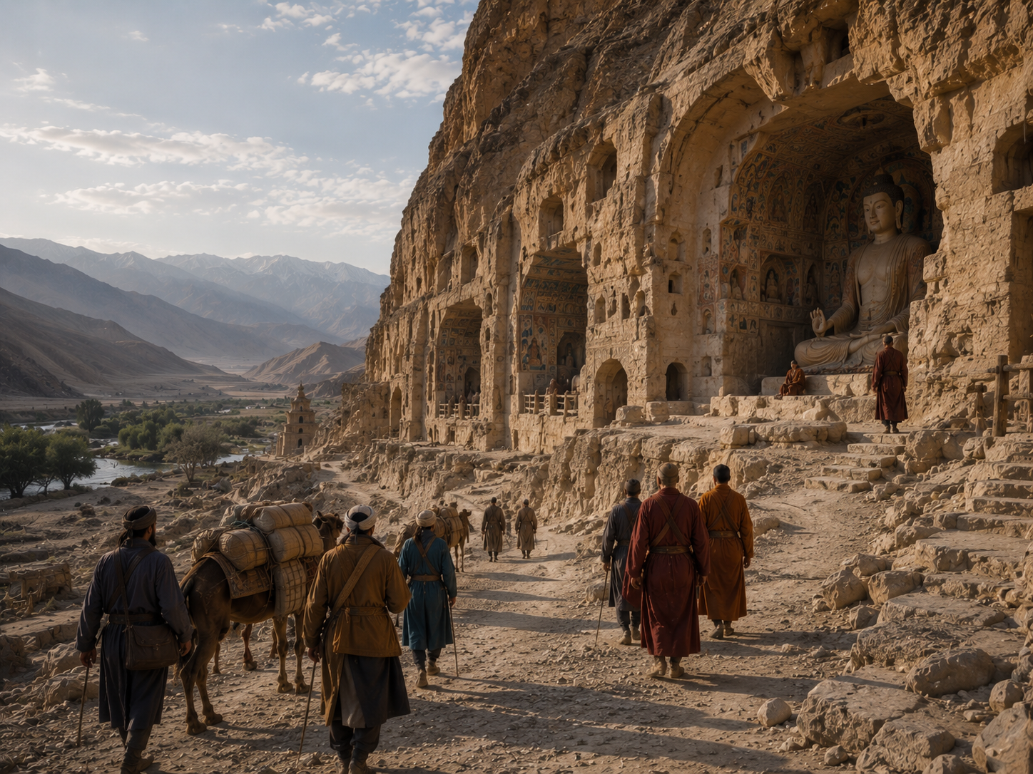 Travelers approaching a Buddhist cave-temple complex along the ancient Silk Roads.