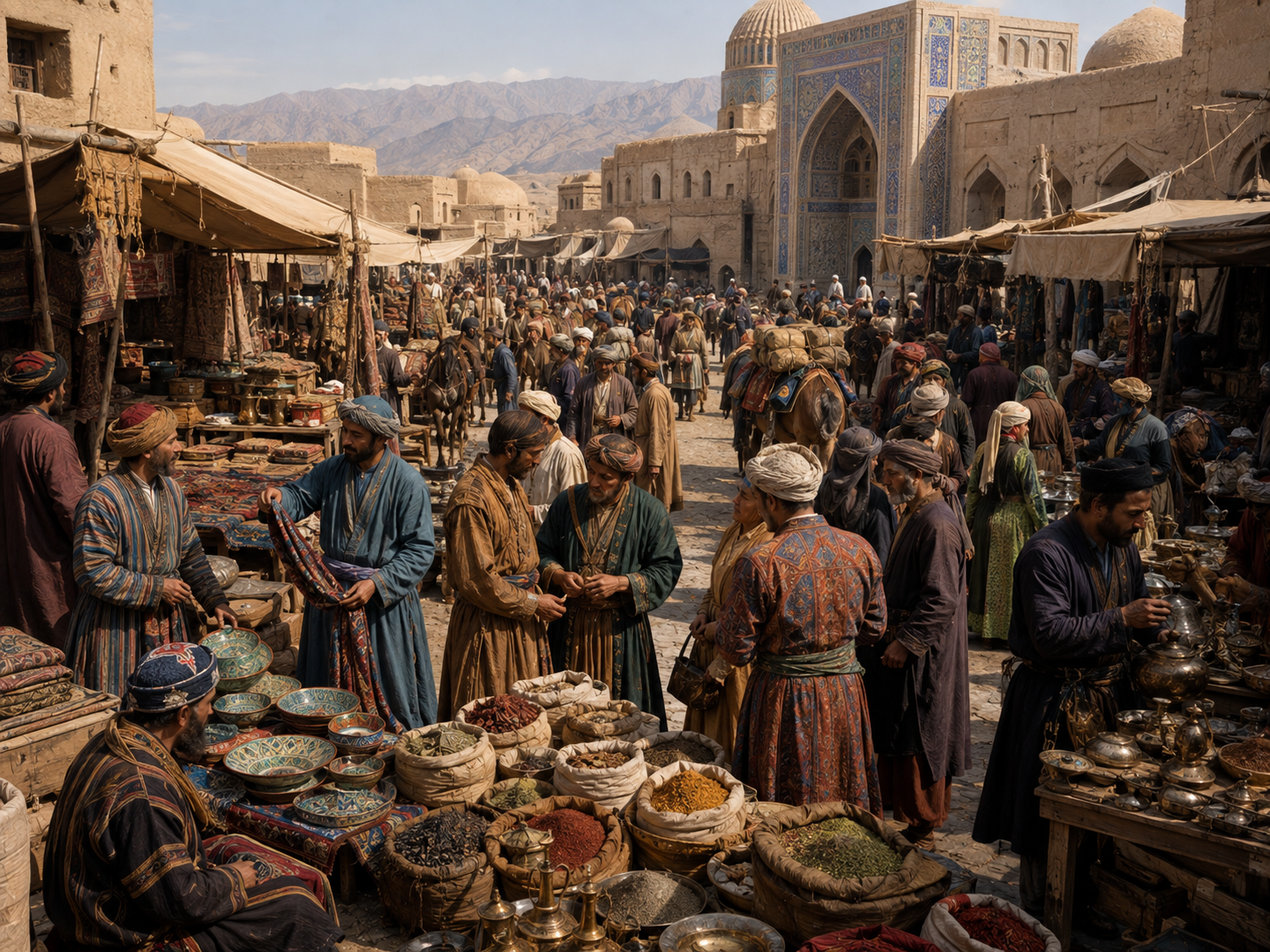 Merchants from different regions exchanging silk, ceramics, textiles and other goods in a Central Asian market.