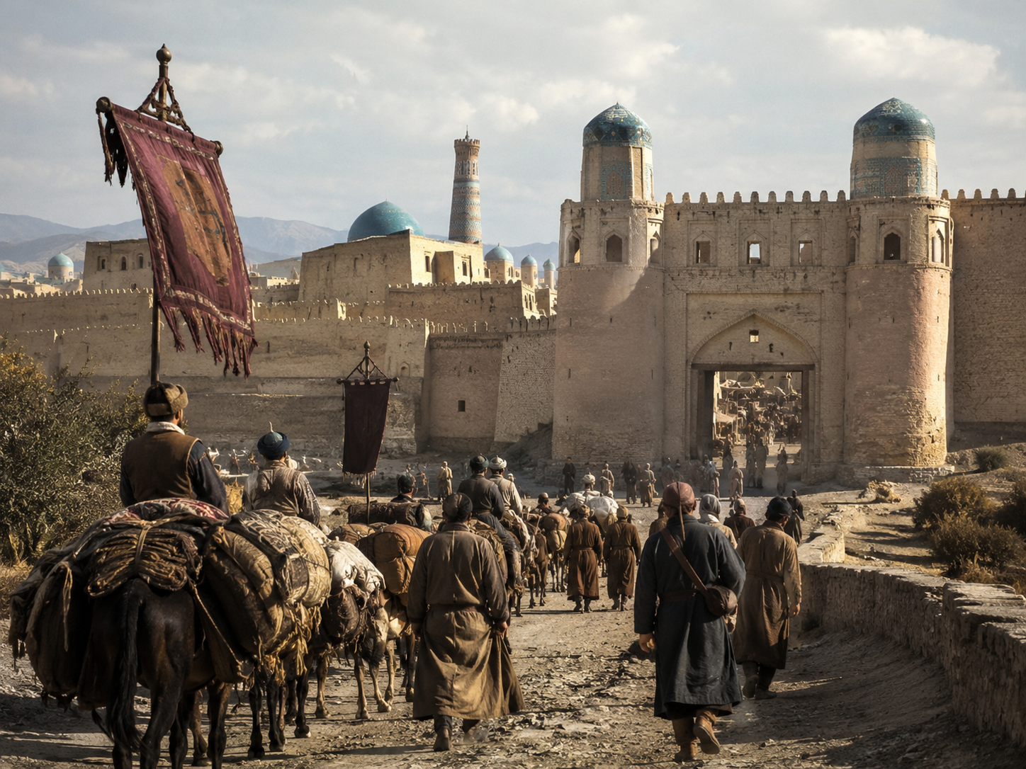 A medieval caravan approaching a Central Asian city during the period associated with Marco Polo's travels.
