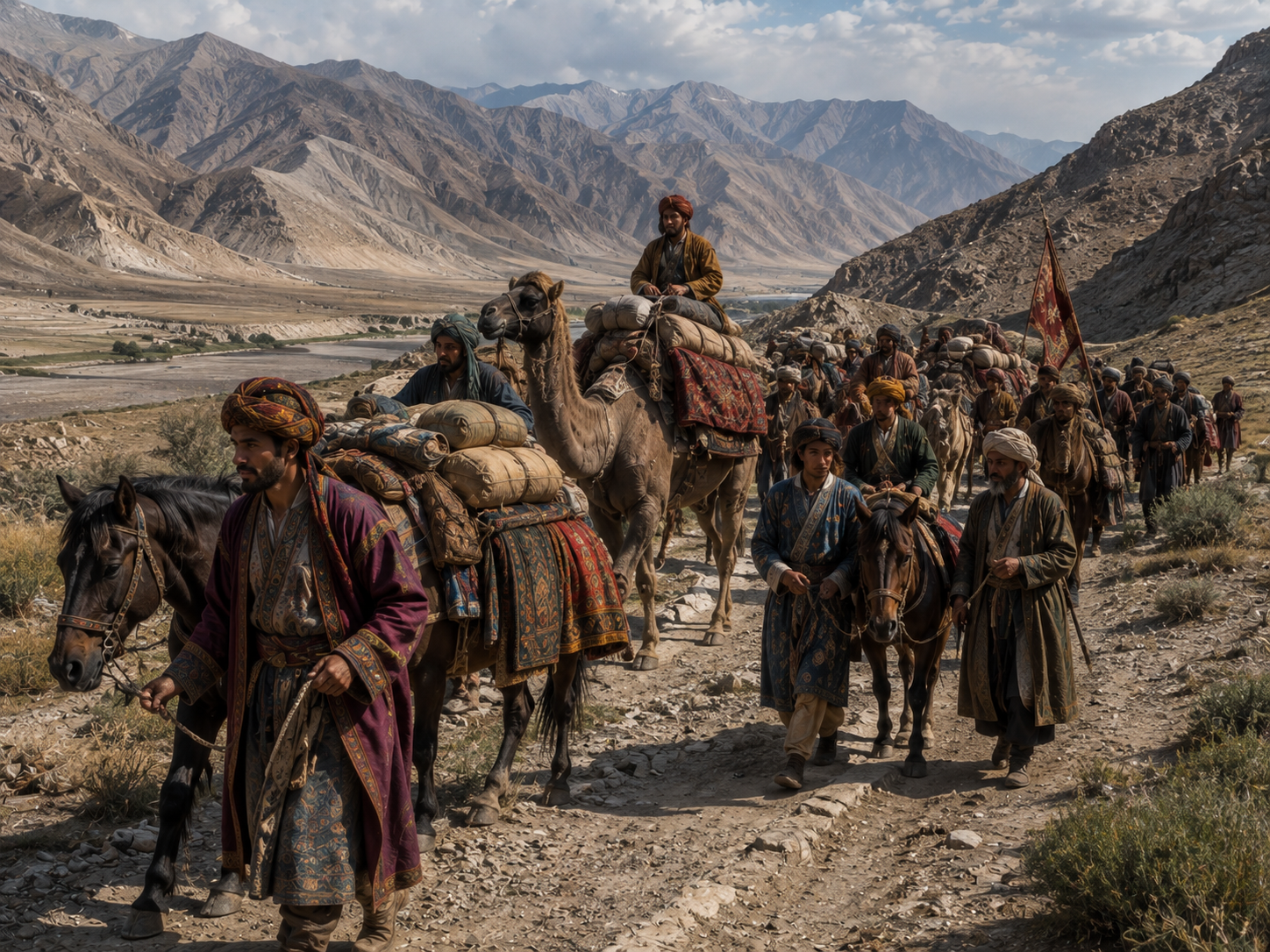 Sogdian merchants traveling through Central Asia with a caravan of pack animals and trade goods.