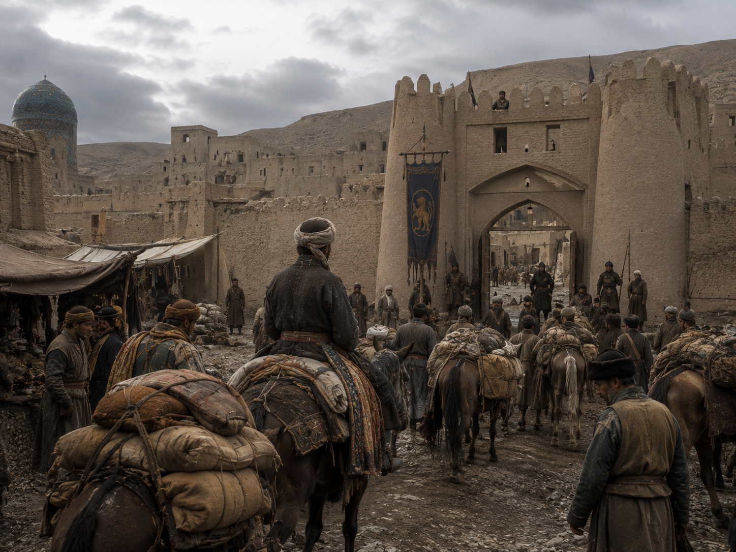 A medieval Central Asian trading settlement where merchants and travelers arrive through a fortified gate.