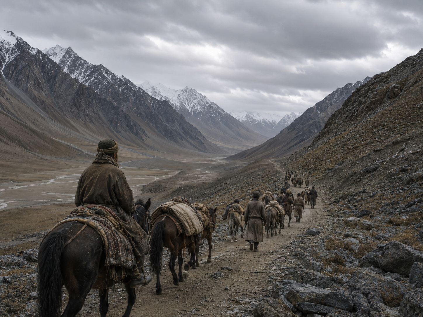 A Silk Road caravan crossing a remote mountain pass under difficult conditions.