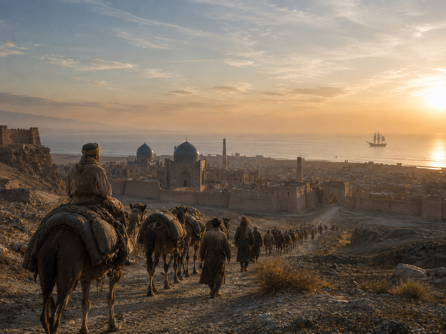An ancient overland trade route approaching a Central Asian city as maritime trade expands across Eurasia.