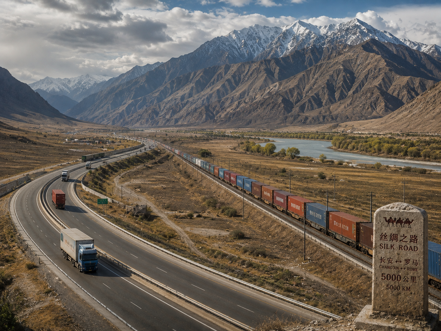 A modern Central Asian transportation corridor connecting regions once linked by ancient Silk Road routes.