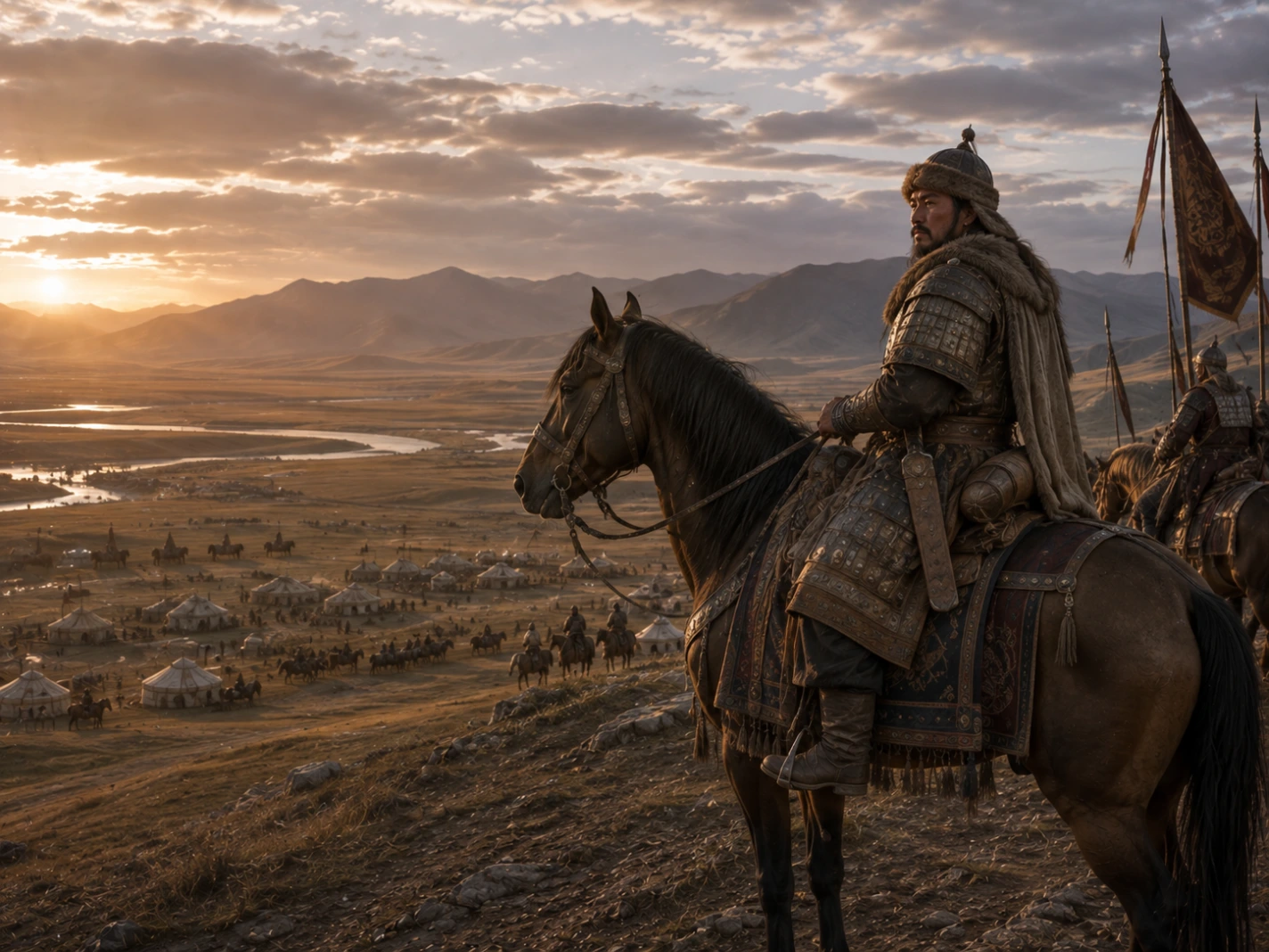 A historically grounded depiction of young Temüjin on horseback overlooking the Mongolian steppe.