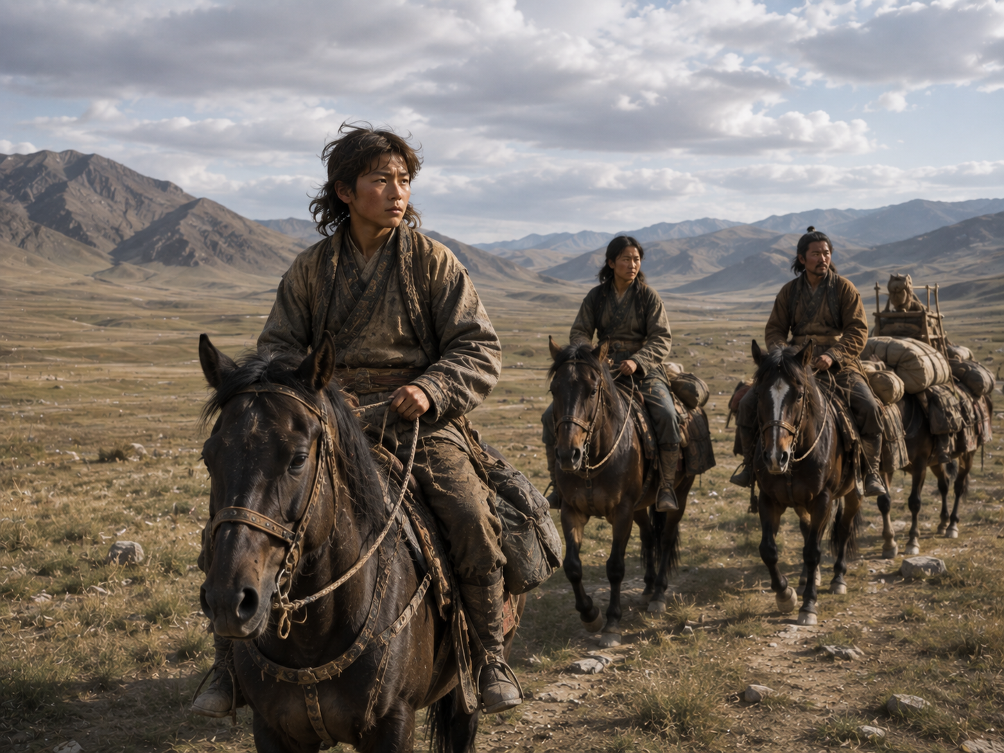 A young Temüjin traveling across the Mongolian steppe with his family and horses.
