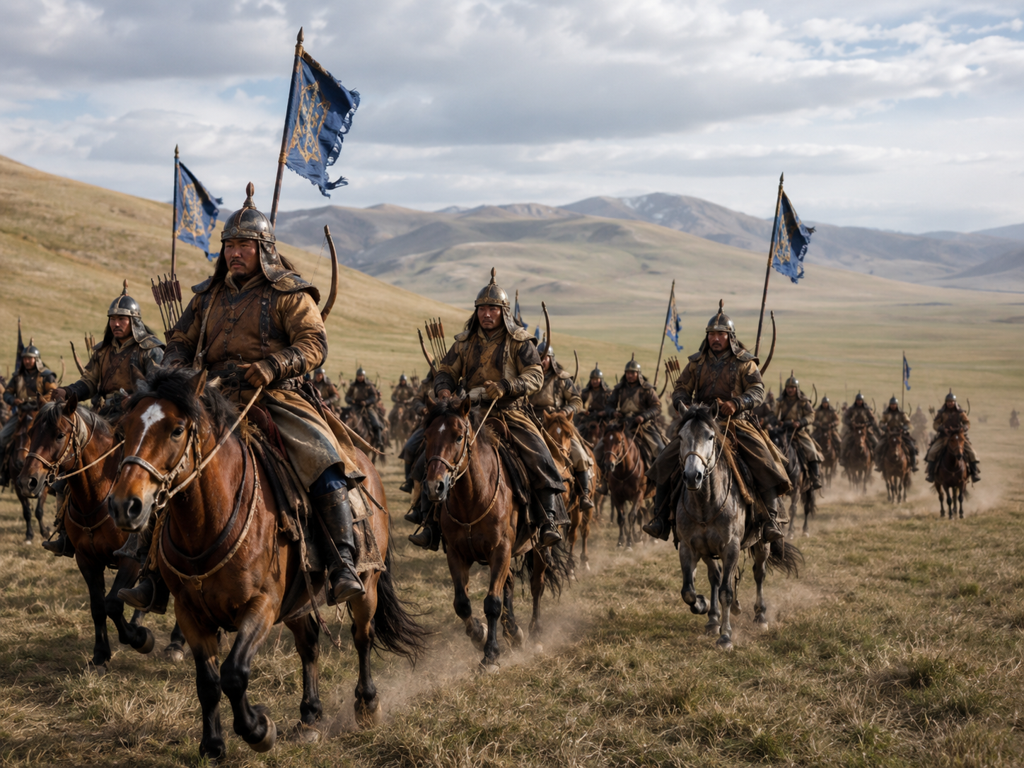 Mongol cavalry moving in coordinated formations across the open steppe.