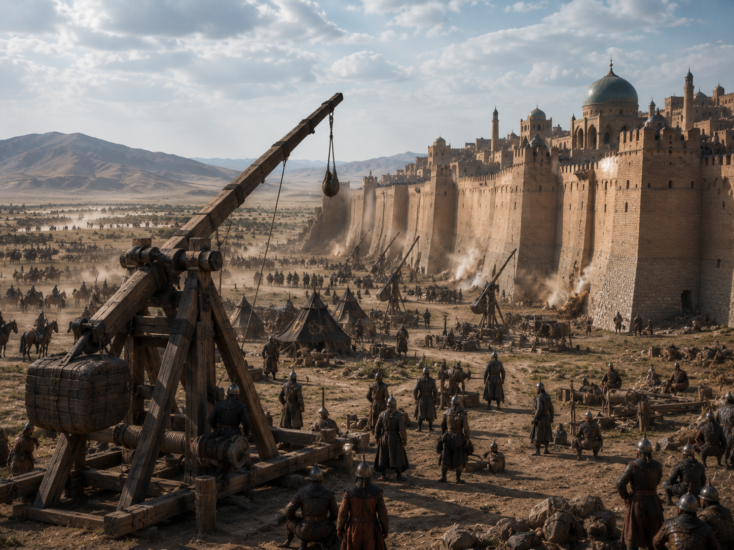 Mongol forces besieging a fortified Central Asian city using cavalry and siege equipment.