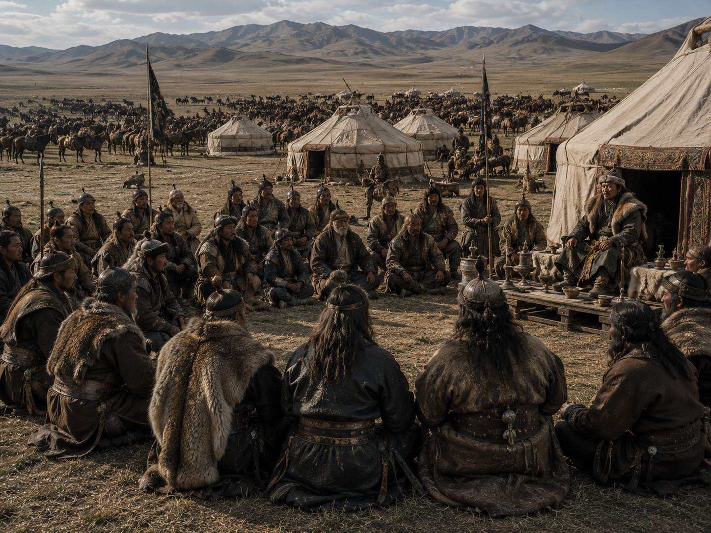 A historically grounded reconstruction of a Mongol quriltai where Temüjin was recognized as Chinggis Khan.
