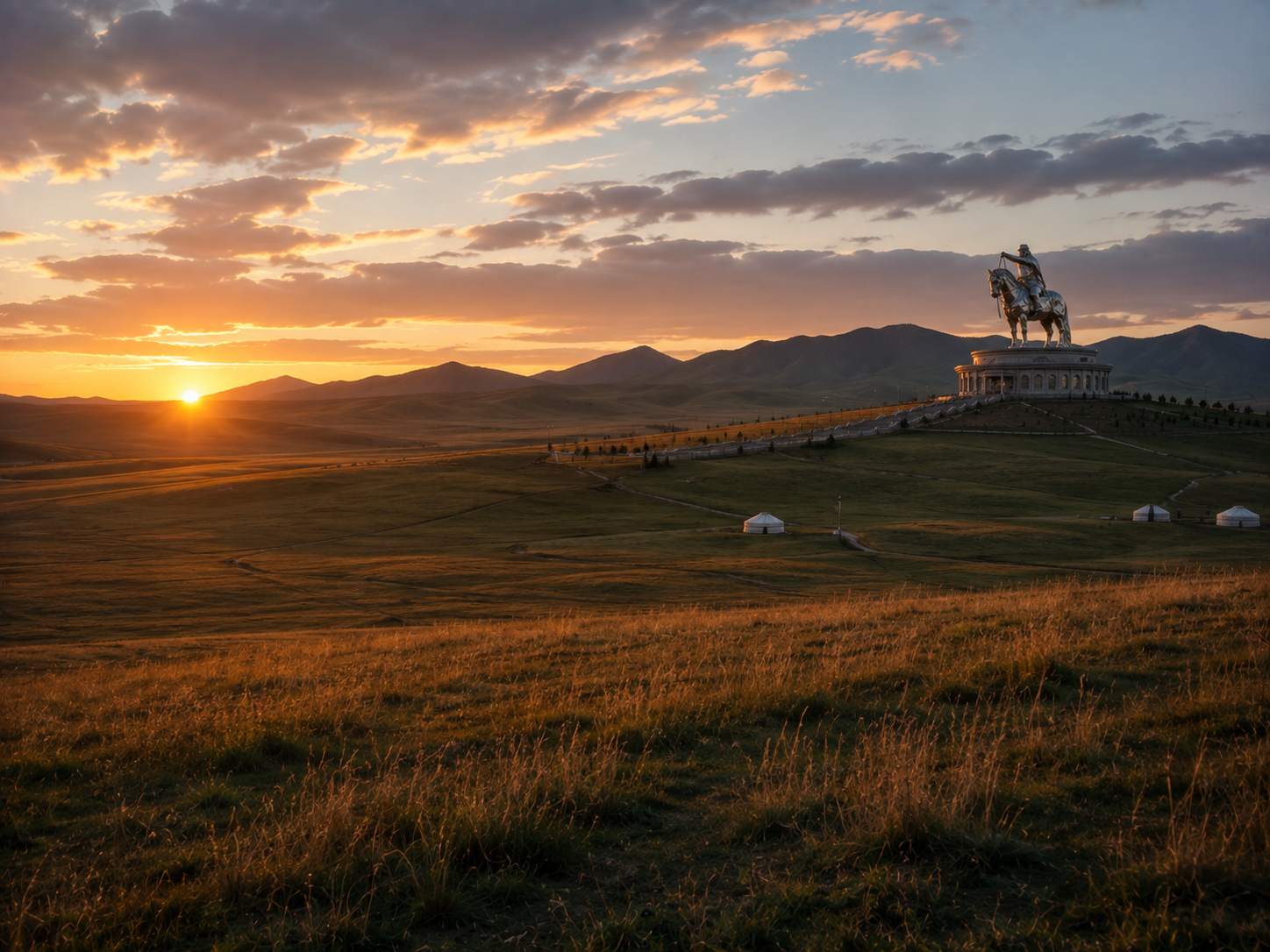 A modern monument to Genghis Khan standing against the Mongolian steppe at sunrise.