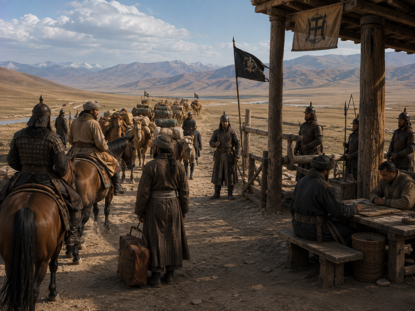 A merchant caravan traveling along a Mongol-controlled trade route during the 13th century.