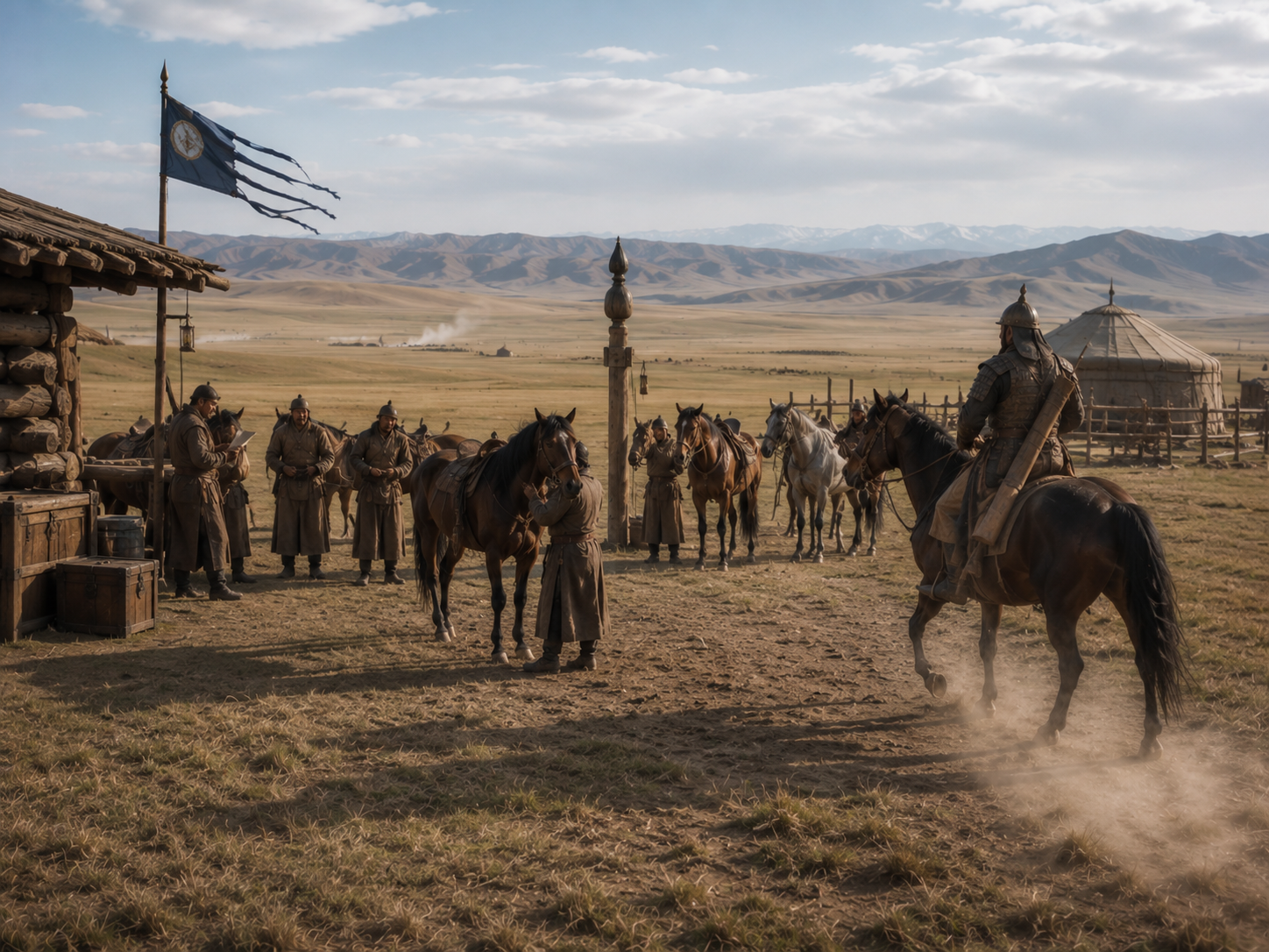 A Mongol relay station where horses are prepared for an imperial messenger.