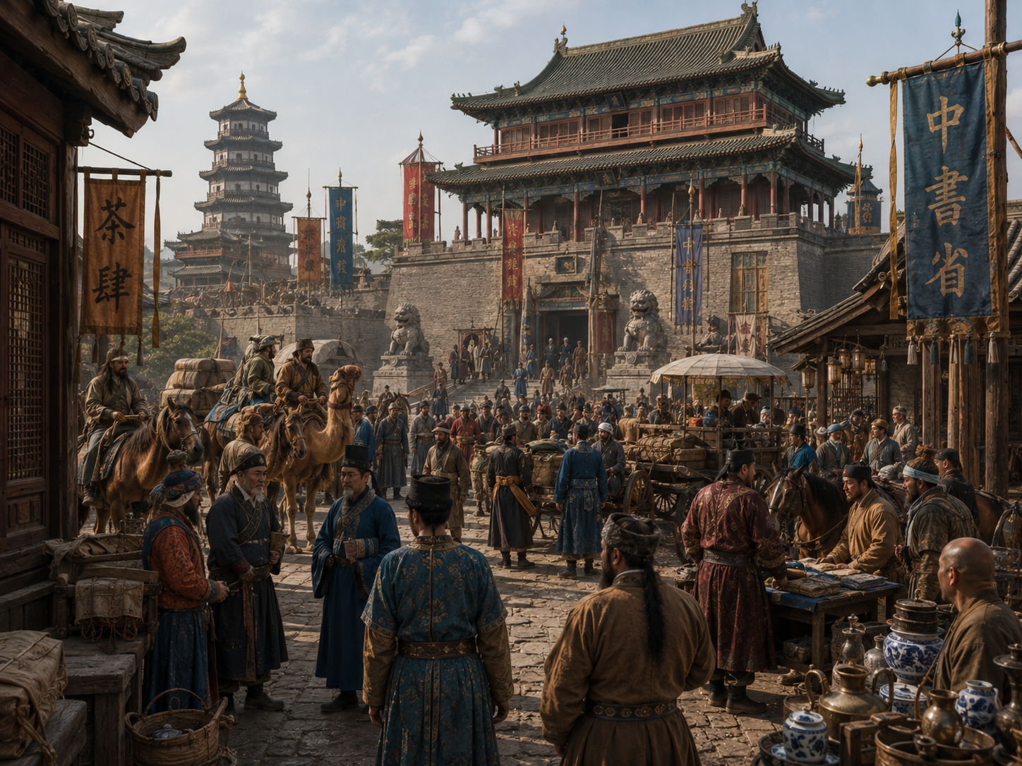 A reconstructed Yuan-era Chinese city showing Mongol officials, Chinese residents and long-distance merchants.
