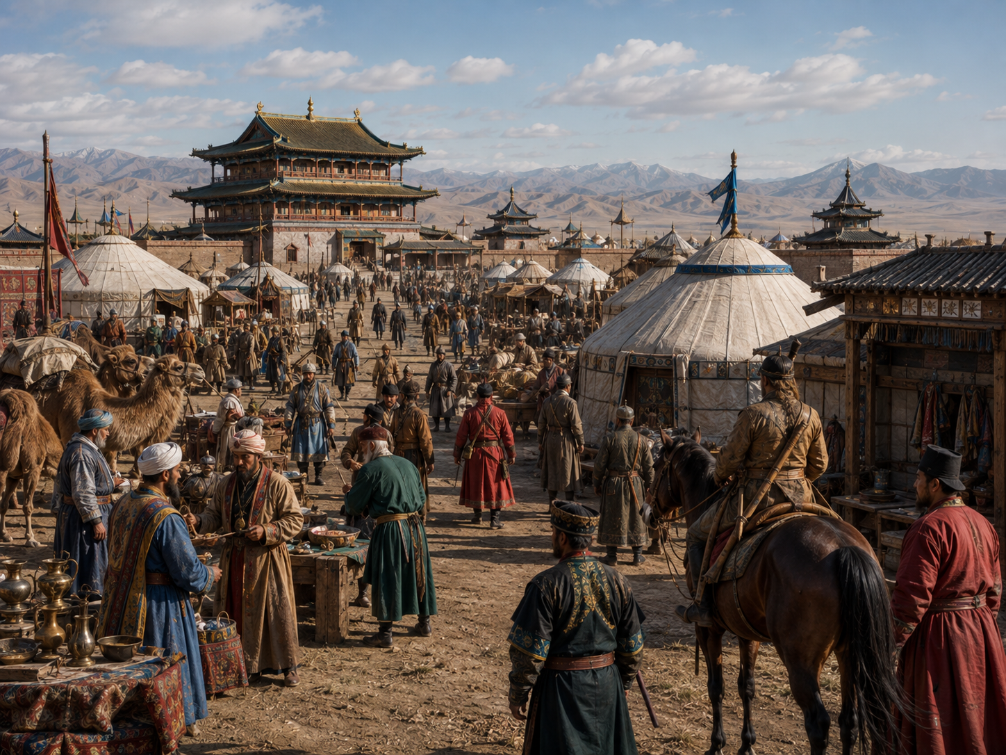 A reconstruction of diverse people gathering in the Mongol capital of Karakorum.