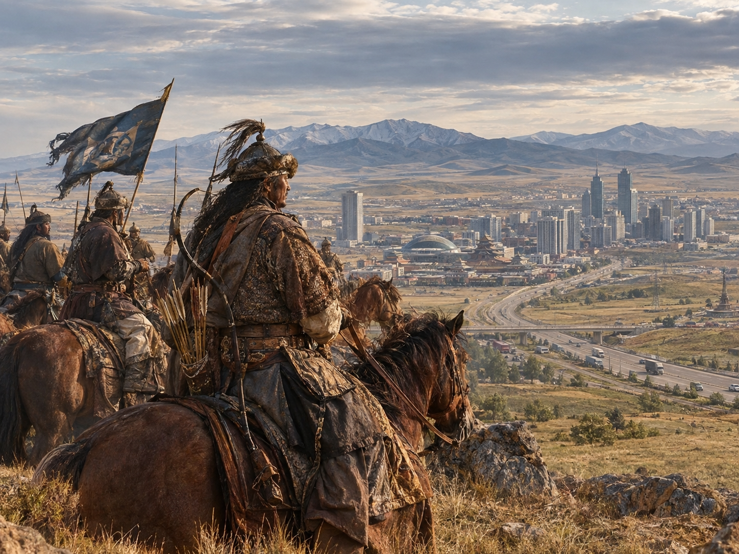 A visual transition from the Mongol Empire's historic routes to the modern Eurasian landscape.