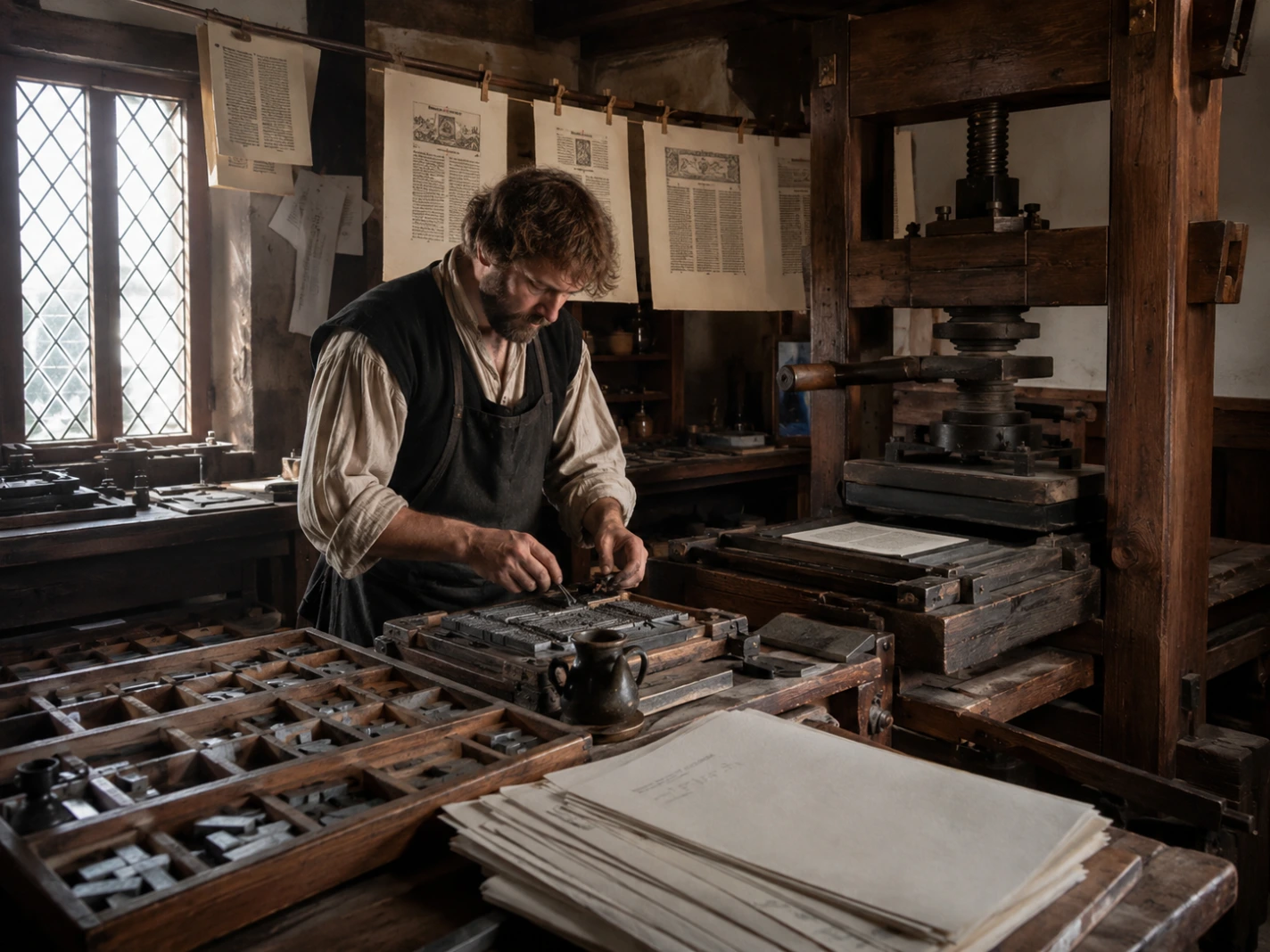 A historically accurate reconstruction of a 15th-century European printing workshop.